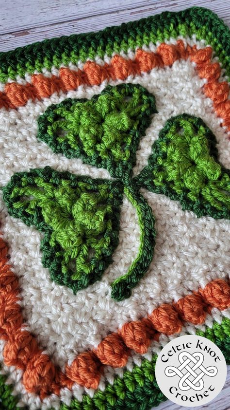 FREE Crochet Shamrock Square Pattern - Celtic Knot Crochet Irish Crochet Patterns Free, Coaster Set Crochet, Celtic Knot Crochet, Bobble Stitch Crochet Blanket, Crochet Shamrock, Bobble Stitch Crochet, St Patricks Crafts, Leprechaun Hat, Irish Crochet Patterns