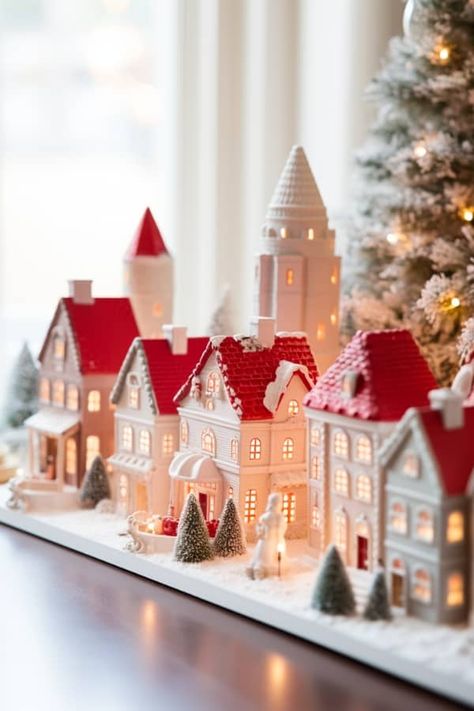 Scandinavian Christmas Village Diy, Christmas Scene Decor, Scandinavian Christmas Village, Diy Christmas Village Houses Clay, Christmas Village Inspiration, Christmas Village Decor Ideas, Christmas Village Houses Diy, Diy Christmas Houses Village, Scandinavian Christmas Decor Ideas