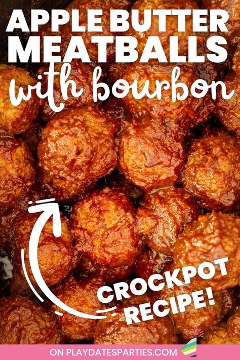 Crockpot Apple Butter Meatballs with Bourbon Halloween Fall Appetizers, Game Day Food Sweets, Recipes With Apple Jelly, Halloween Crockpot Food, Best Fall Appetizers For Parties, Fall Party Recipes Appetizers, Crockpot Fall Appetizers, Yummy Fall Appetizers, Fall Crockpot Appetizers For Party