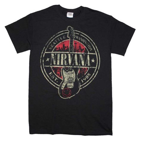 Nirvana Established 1988 Guitar Stamp T-Shirt by DeeGeesEmporium Nirvana, Band Tees, Nirvana Guitar, Guitar Print, Band Shirts, Direct To Garment Printer, One By One, Black Tshirt, Mens T