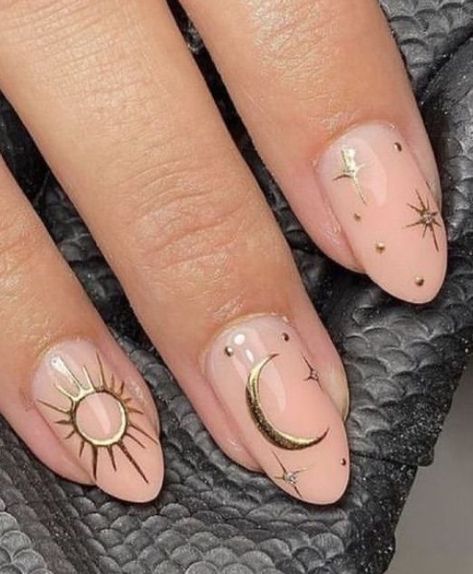 85 Virgo Nail Designs: Simple, Short, &Amp; Acrylic Ideas For Your Birthday 31 Nails With A Moon Design, Celestial Nails Coffin, Sun Moon And Star Nails, Astronomy Nail Art, Yoga Nails Design, Celestial Nails Short, Leo Zodiac Nails, Leo Season Nails, Nails Spiritual