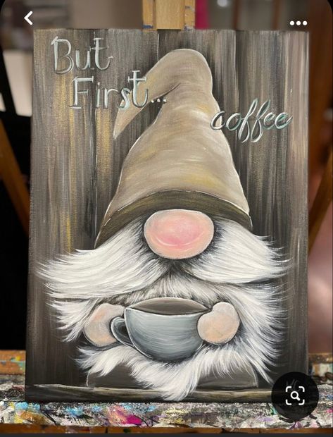 Coffee Gnome, Gnome Paint, Gnome Pictures, The Rake, Canvas Painting Diy, Gnomes Crafts, First Coffee, Flat Brush, Rock Painting Art