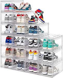 12 Pack Acrylic Clear Shoe Boxes– Ultra Clear Plastic Stackable Sneaker Storage For Sneakerhead. Professional Grade Shoe Display Case with Magnetic Door .Boots and Hat Organizer.Fits US Size 15 Clear Shoe Boxes, Shoe Display Case, Shoe Containers, Shoe Box Storage, Magnetic Organizer, Boot Organization, Sneaker Storage, Plastic Shoe Boxes, Clear Shoes