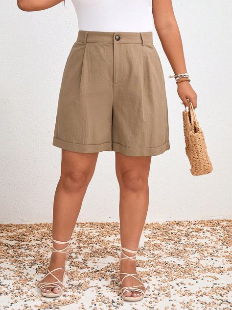 Khaki Casual Collar  Woven Fabric Plain Track Shorts Embellished Non-Stretch  Women Plus Clothing Bermuda Shorts Outfit Women, Shein Id, Bermuda Shorts Outfit, Moda Shein, Shein Plus Size, Outfit Shein, Outfit Hacks, Shorts Plus Size, Shorts Outfits Women