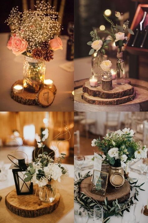 rustic tree stump wedding centerpiece - rustic wedding centerpiece ideas Round Wood Centerpiece Wedding, Stump Wedding Decor, Tree Stump Wedding Decor, Wedding Centerpieces Roses, Rustic Wedding Centerpiece Ideas, Wood Centerpieces Wedding, Country Wedding Centerpieces, Log Centerpieces, Wooden Centerpieces