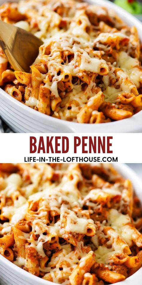 Essen, Easy Penne Pasta Recipes Ground Beef, Baked Penne With Ground Beef, Penne Pasta Recipes Ground Beef, Baked Penne Pasta Recipes, Penne Pasta Bake, Crowd Meals, Penne Bake, Baked Penne Pasta