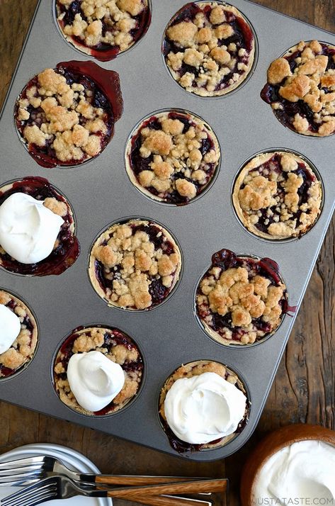 Mini Cherry Pies with Streusel - Just a Taste Mini Cherry Crumb Pies, Tart Cherry Desserts, Mini Cherry Cobbler, Mini Cherry Tarts Recipe, Mini Cherry Tarts, Individual Cherry Pies, Mini Cherry Pie Recipe, Mini Fruit Pies Muffin Tins, Mini Cobbler Recipes