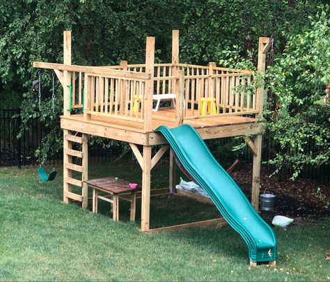 DIY Playset swing set slide Wood Playset Diy, Homemade Play Set, Playset Outdoor Diy Backyard Ideas, Diy Play Set Outdoor, Diy Playset Outdoor Plans, Diy Playset Outdoor Cheap, Diy Play Structure, Swingset Plans Diy, Cheap Diy Kids Outdoor Play Area Ideas