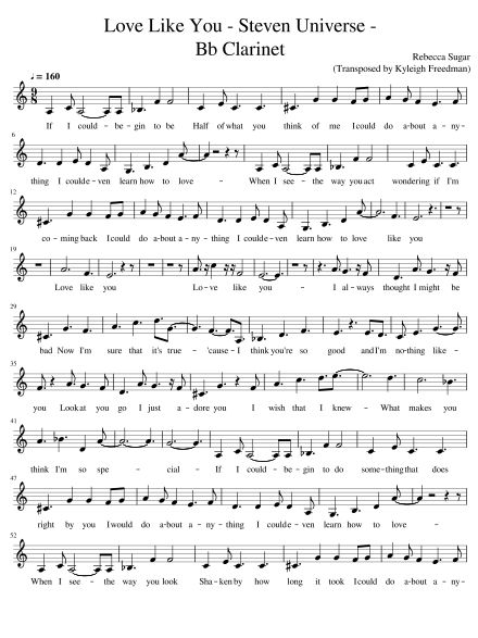 Love Like You - Bb clarinet sheet - Steven Universe - Rebecca Sugar (transposed by Kyleigh Freedman) - Clarinet sheets on Musescore.com Music Sheets For Clarinet, Clarinet Sheet Music With Letters, Clairent Sheet Music, Fun Clarinet Sheet Music, Clarinet Music Sheets, Songs To Play On Clarinet, Love Like You Steven Universe, Clarinet Sheet Music Easy, Clarinet Tips