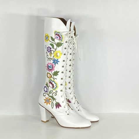 Suede Lace Up Boots, White Floral Boots, Oatterned Heel Tall Boots, 1960s Boots, 60s Boots, Floral Suede Boots, Spring Embroidered Knee-high Boots, Boot Pattern, Embroidered Leather Knee-high Boots