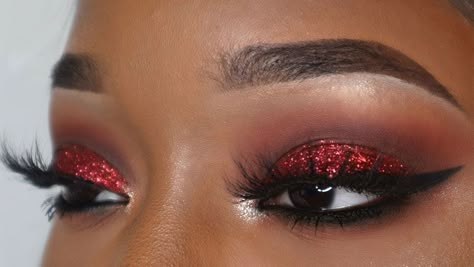 Red Eyeshadow On Black Women, Smokey Red Eyeshadow, Red Makeup Looks On Black Women, Burgundy Make Up Looks, Easy Red Eyeshadow Looks, Red Gem Makeup, Red And Black Smokey Eye, Red Makeup Looks Black Women, Red Under Eye Makeup