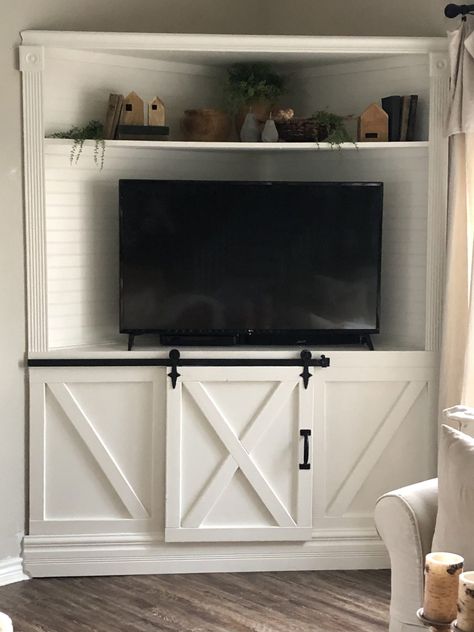 Built In Tv Cabinet, Corner Tv Cabinet, Corner Entertainment Center, Corner Built In, Corner Tv Cabinets, Corner Tv Unit, Diy Home Projects, Living Room Tv Unit Designs, Living Room Tv Unit