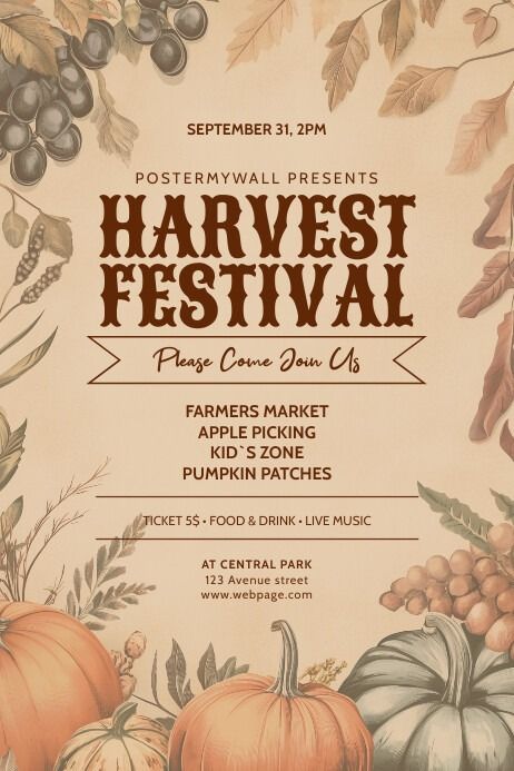 Brown Vintage Harvest Festival Poster | PosterMyWall Harvest Festival Flyer, Thanksgiving Poster Design Ideas, Harvest Festival Poster, Fall Festival Poster, Thanksgiving Posters, Fundraiser Poster, Thanksgiving Poster, Event Poster Template, Linkedin Background Image