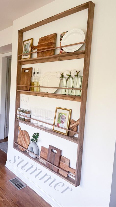 styling shelves = @happieverlyafter Cookbook Display Above Cabinets, No Bracket Shelves, Wall Shelf Kitchen Ideas, Shelf Wall Dining Room, Dining Wall Shelf Ideas, Modern Rustic Hallway Decor, Plate Shelf Ideas, Odd Wall Space Decor Living Room, Dish Holder Ideas