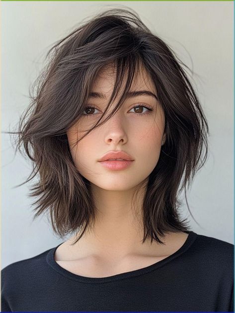 Squared Face Hairstyles, Layered Bob Long Bangs, Face Length Bangs, Hair Styles For Females, Shaggy Above Shoulder Hair, Side Swept Bangs With Medium Hair, Shoulder Length Hair With Bangs Side Part, Square Face Shoulder Length Hair, Shaggy Bob Shoulder Length