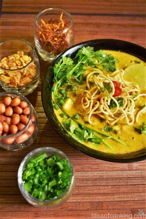 Khow Suey (Noodles in Coconut Curried Sauce) - Bliss Of Cooking Khao Suey Recipe Vegetarian, Khao Suey Recipe, Khow Suey Recipe, Khao Suey, Non Veg Food, Continental Dishes, Myanmar Food, Lunch Dinner Recipes, Continental Food