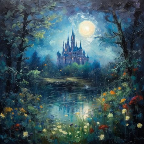 A vibrant, Monet-style painting depicting a luminous medieval castle under the soft glow of moonlight. The castle is set against a rich, nocturnal landscape invoking the charm and mystique of a fantasy world. Fairytale Painting Acrylic, How To Paint A Castle, Painting Fantasy Art Easy, Fantasy Castle Painting, Dreamy Art Painting, Fantasy Painting Easy, Fantasy World Painting, Disney Castle Painting, Fantasy Painting Ideas