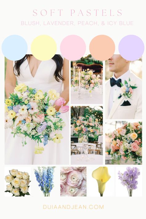 Embrace the enchanting beauty of spring with pastel garden wedding blooms and explore the magic of spring pastel floral arrangements. Sunset Garden Wedding Theme, Pastel Flower Arrangements Wedding Ideas, Pastel Wedding Theme Color Schemes Colour Palettes, Colourful Pastel Wedding, Soft Pastel Wedding Flowers, Garden Wedding Palette, Pastel Groomsmen, Wedding Palette Spring, Spring Wedding Pastel