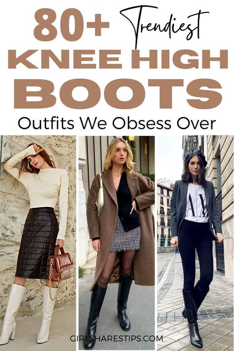 Autumn Knee Boots Outfit, Dresses For Knee High Boots, Outfit Ideas With High Boots, Knee High Leather Boots Outfit Winter, Fall Outfits With Over The Knee Boots, White Knee Boots Outfit Winter, Styling Knee Boots, Work Outfits With Knee High Boots, Knee High Black Suede Boots Outfit