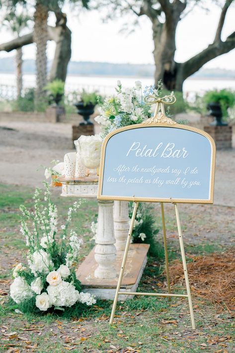 Flower petal bar at wedding ceremony. Flower Petal Holder Wedding, Petal Bar At Weddings, Petal Cups Wedding, Petal Throwing Wedding Ideas, Flower Petal Throw Wedding, Wedding Ceremony Drinks, Petal Toss Station, Wedding Petal Bar, Petals Aisle Wedding