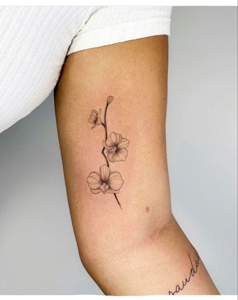 Orkid Tattoos, Orchid Tattoo Flowers, Orchid Tattoo With Words, Orchid With Butterfly Tattoo, Hummingbird With Orchid Tattoo, Tattoo Of Orchids, Tattoo Ideas Female Orchid, Roses And Orchids Tattoo, Colombian Orchid Tattoo