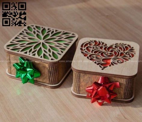 Gift box E0017599 file cdr and dxf free vector download for laser cut – Download Vector Laser Cut Gift Ideas, Engraved Gift Ideas, Wooden Box Designs, Cat Laser, Laser Cut Box, Laser Cut Wood Crafts, Mdf Crafts, Laser Files, Cardboard Sculpture