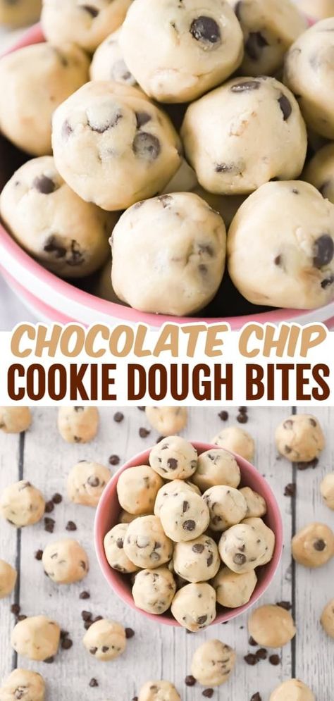 Cookie Dough Bites are delicious no bake treats loaded with mini chocolate chips. Cookie Dough Bites No Bake, Chocolate Chip Cookie Balls, Chocolate Chip Cookies Dough, Frozen Cookie Dough Bites, No Bake Cookie Dough Bites, Cookie Dough Cake Pops, Edible Cookie Dough Bites, Chocolate Chip Cookie Dough Bites, Peanut Butter Cup Cheesecake