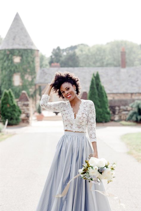 Blue Wedding Skirt, Wedding Separates Two Pieces, Skirt And Blouse Wedding Dress, Bridal Top And Skirt, Wedding Top And Skirt, Skirt And Top Wedding Dress, Wedding Dresses 2 Piece, Top And Skirt Wedding Dress, Bridal Separates Long Sleeve