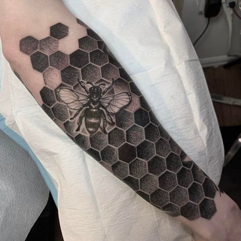 30 Best Honeycomb Tattoo Ideas  34 Bee Tattoo Geometric, Bee Geometric Tattoo, Bee Hexagon Tattoo, Geometric Honeycomb Tattoo, Honeycomb Bee Tattoo, Geometric Bee Tattoo, Tattoo Honeycomb, Bee Sleeve Tattoo, Hexagon Tattoos