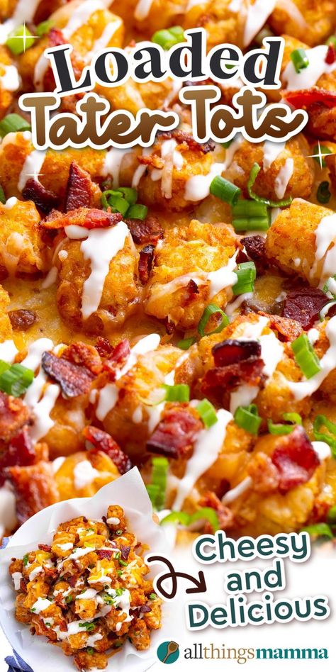 plate of Loaded Tater Tots and close up image of Loaded Tater Tots Tator Tot Recipe, Loaded Tater Tot, Loaded Tater Tots, Tater Tot Recipes, Potato Recipes Side Dishes, Mini Pizzas, Potato Sides, Tater Tots, Potato Side Dishes