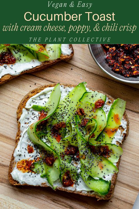 this is a vegan cucumber toast with cream cheese, chili crisp, poppy seeds, and cucumber ribbons. it is a simple 5 minute recipe that only has 5 ingredients. Elevated Breakfast, Cucumber Toast, Cream Cheese Chili, Cucumber Ribbons, Toast With Cream Cheese, Cream Cheese Toast, Vegan Breakfast Casserole, Vegan Breakfast Burrito, Vegan Entrees