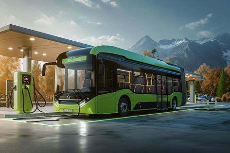 A green bus is parked at a gas station with majestic mountains towering in the background An electric bus at a charging station AI Generated Bus Background, Bus Station, Card Banner, Poster Invitation, Charging Station, Gas Station, Nature Travel, Textured Background, Tower