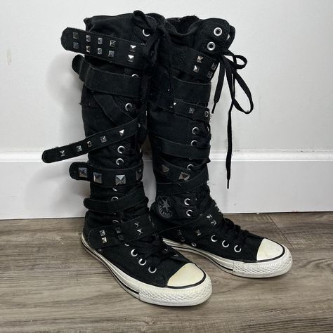 Extremely RARE knee high studded buckled converse !🖤... - Depop Knee High Converse Emo, Converse Knee High, Scene Shoes, Studded Converse, Knee High Converse, High Converse, Knee Boots Outfit, Goth Shoes, Converse Star