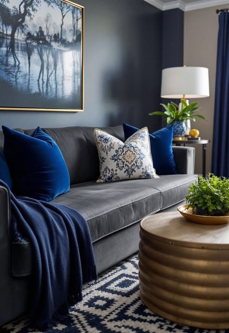 Dark Grey Couch Living Room Ideas Dark Grey Blue Living Room, Dark Gray And Navy Living Room, Grey Walls Navy Couch, Dark Grey Couch With Blue Pillows, Living Room Designs Dark Blue, Grey Navy Living Room, Dark Grey Sofa Decor, Gray Navy Living Room, Dark Grey Couch Living Room Ideas Colour Schemes