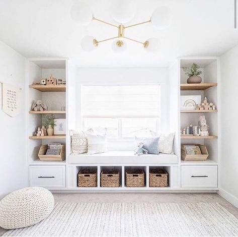 THE 2020 GUIDE TO A WELL DESIGNED HOMESCHOOL ROOM Built In Bookshelf Nursery, Built Ins Around Window Bedroom, Narrow Playroom Ideas, Built Ins Around Window, House Playroom, Nursery Makeover, Ikea Entryway, Window Seat Design, Boys Playroom