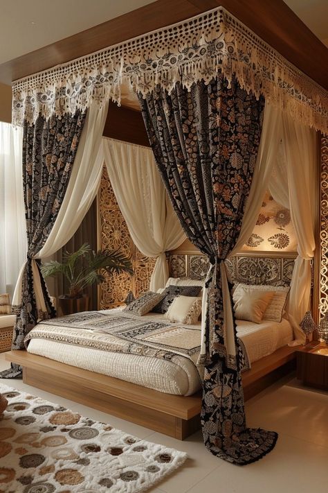 Features Velvet Bedding Ideas, Metal Bed Design, Diy Canopy Bed, Diy Bed Canopy, Vintage Bedroom Aesthetic, Oasis Bedroom, Bed With Curtains, Moroccan Villa, Canopy Bed Ideas