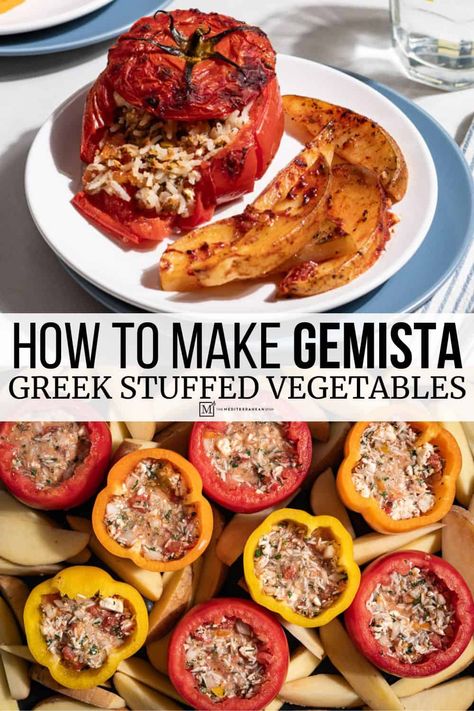 Gemista recipe (Yemista) with tomatoes and peppers with rice, mint, parsley, and feta. These Greek stuffed vegetables are a satisfying vegetarian main! Gemista Recipe, Greek Stuffed Peppers, Vegetarian Protein Recipes, Greek Vegetables, Stuffed Vegetables, Eat Greek, Mediterranean Meals, The Mediterranean Dish, Greek Flavors