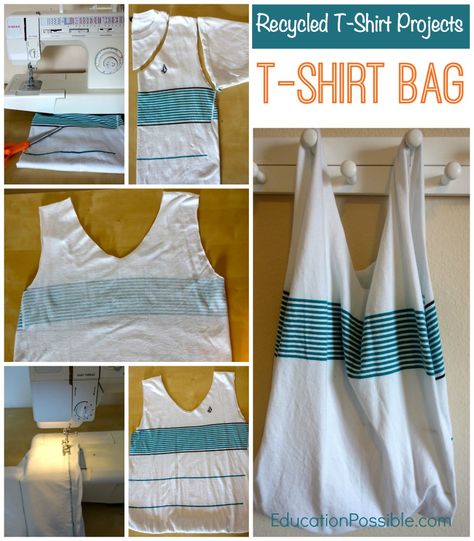 Recycled T-Shirt Projects for Kids: T-Shirt Bag - Education Possible Diy Clothes Storage, Diy Clothes For Women, Diy Clothes Refashion, T Shirt Bag, Diy Clothes Videos, Upcycle Shirt, Thrift Store Crafts, Recycled T Shirts, Tshirt Bag