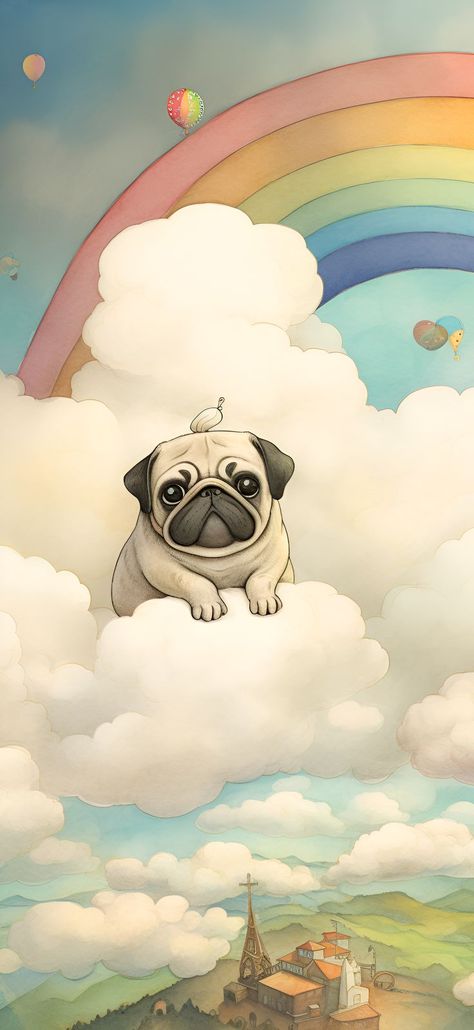 Aesthetic wallpaper of a pug laying in clouds above a town with a vibrant rainbow in the background, for iPhone & Android. Pug Wallpaper Iphone, Cute Pugs Wallpapers, Pug Wallpaper, Rainbow Backdrop, Rainbow Images, Pug Art, Simple Iphone Wallpaper, A Pug, Cute Pugs