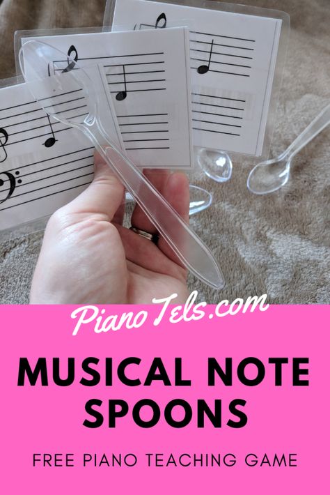 Musical Note Spoons | Free Piano Teaching Game (Digital Print) Music Class Games, Group Piano Lessons, Therapy Music, Piano Teaching Games, Music Theory Games, Teaching Games, Music Education Games, Piano Lessons For Kids, Piano Pedagogy