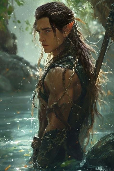 Water Elf Aesthetic, Fae Character Inspiration, Fae Male Character Inspiration, Elvish Kingdom, Fae Character Art, Wood Elf Male, Male Fae Aesthetic, Elves Aesthetic, Fae Male