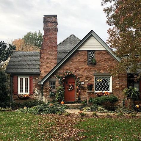 @thatkentuckygrl | storybook brick cottage Modern Irish House Interior, Retro House Exterior, Blue Facade, Brick Cottage, Blue Doors, Cheap Table, Red Brick House, Casa Vintage, Dream Cottage