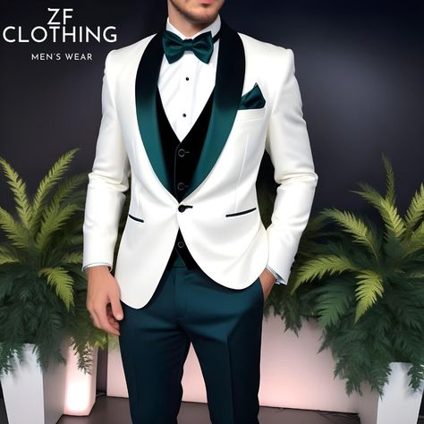 Teal Green Suits For Men, Royal Suits For Men, White Tux Groom, Black Groomsmen Suits, White Tuxedo Wedding, Mens White Suit, Tuxedo White, Green Suit Men, Tuxedo Styles