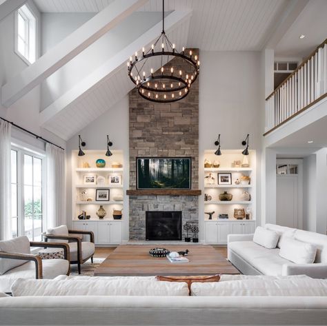 Angled Ceiling Living Room, Built In Shelves Living Room, Open Concept Living Room, Open Living Room, Living Room Ceiling, Living Room With Fireplace, Living Room Inspo, New Living Room, Stone Fireplace