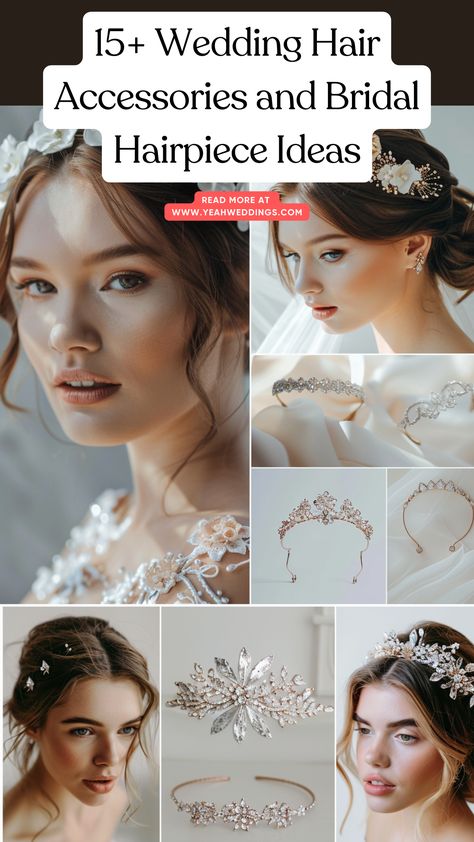 A stunning bride and a collection of wedding hair accessories including tiaras, hairpins, headbands, and floral crowns for various bridal styles and hair types. Long Hair Wedding Hairstyles, Hairstyles For Long Hair Wedding, Wedding Hairstyles For Short Hair, Wedding Hairstyle Ideas, Long Hair Wedding, Bridal Hairpiece, Stylish Headbands, Beautiful Hair Accessories, Different Hair Types