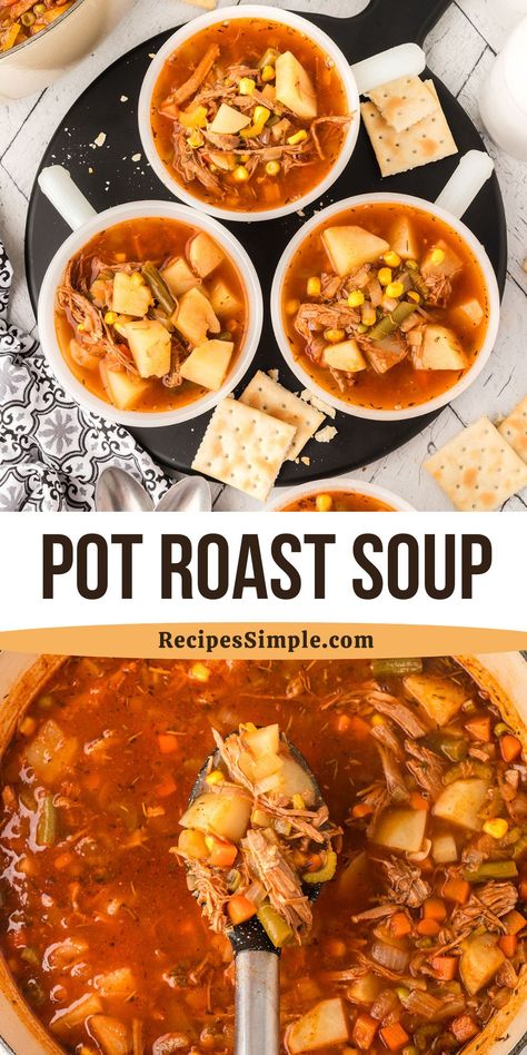 Pot Roast Soup Recipes, Beef Based Soup Recipes, Roast Beef Soup, Homemade Pot Roast, Pot Roast Soup, Healthy Pot Roast, Roast Soup, Pot Roast Vegetables, Beef With Vegetables