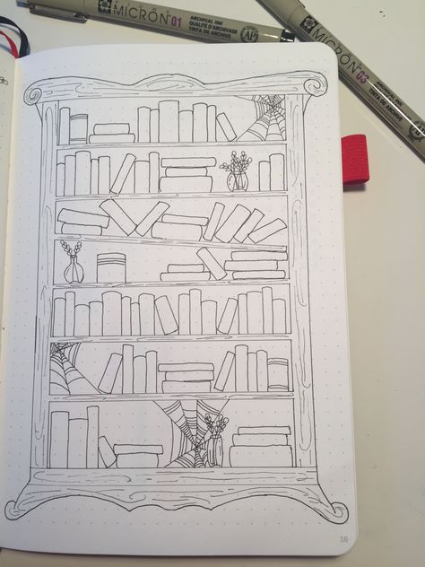 Journal Bookshelf Page, Aesthetic Bookshelf Drawing, Book Shelfie Reading Journal, Bookshelf Journal Page, Bujo Bookshelf, Bookshelf Bullet Journal, Reading Journal Layout, Reading Journal Bookshelf, Bookshelf Journal