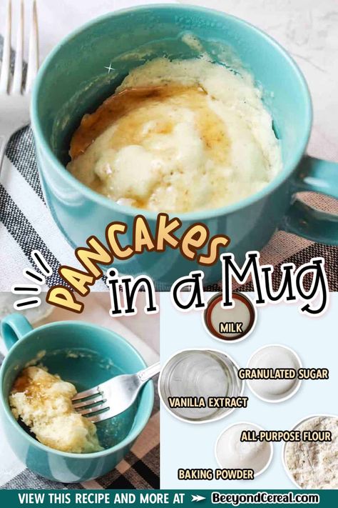 Pancakes in a mug are the perfect single serving breakfast for when you want something simple, easy, and delicious. Fluffy pancakes cooked to perfection with very little effort. Single Serving Breakfast, Pancake In A Mug, Single Serve Breakfast, Yummy Pancake Recipe, Mom Breakfast, Greek Yogurt Pancakes, Recipe For 1, Pancake Calories, Kids Breakfast