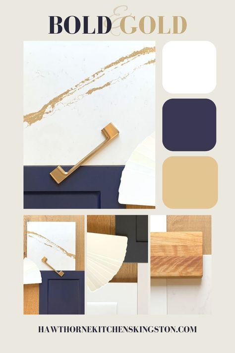 White and gold kitchen accessories with a splash of navy accent Kitchen Exposed Brick, Indigo Kitchen, Teal Bathroom Ideas, Industrial Chic Kitchen, Moroccan Kitchen, Kitchen Color Palettes, Kitchen Cozy, Navy Blue Kitchen, Modern Minimalist Kitchen