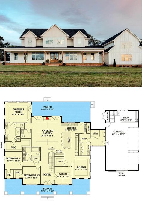 This 5-bedroom farmhouse boasts lots of curb appeal including board and batten siding, brick skirting, and an elongated entry porch topped with three large dormers. It features a 3-car side-loading garage complete with a workshop, dedicated storage, and an optional loft that comes with a powder bath. House Plan With Balcony, Loft Floor Plan, 6 Bedroom House Plans, Entry Porch, 5 Bedroom House Plans, Garage Loft, Farmhouse Floor Plans, Barndominium Floor Plans, Bedroom Farmhouse